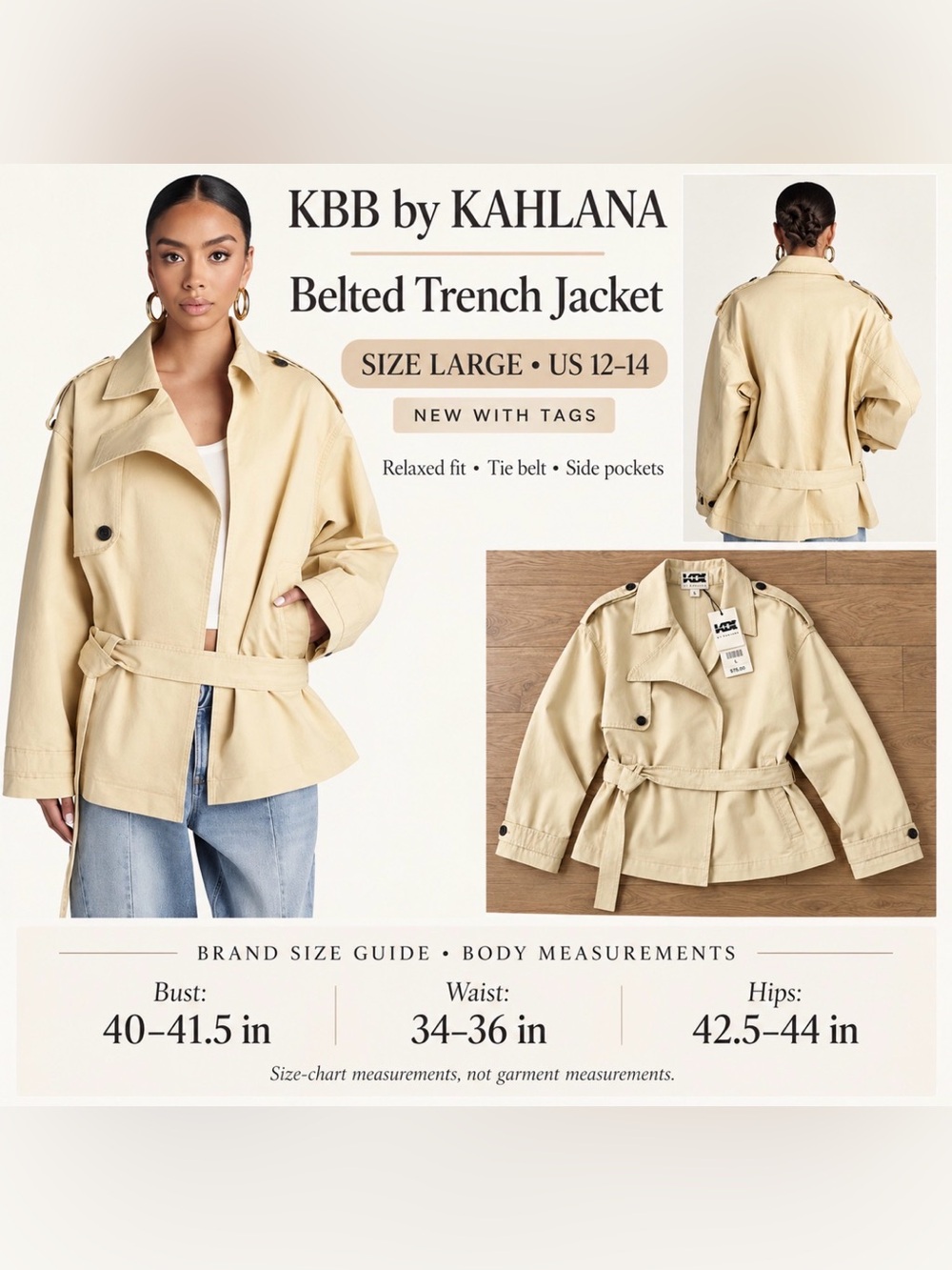 KBB by Kahlana Beige Belted Trench Jacket – Large – NWT